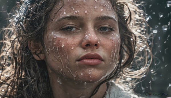 1girl,solo,long hair,looking at viewer,brown hair,closed mouth,water,lips,wet,grey eyes,looking away,looking up,portrait,snow,close-up,snowing,realistic,nose,black hair,parted lips,eyelashes,water drop