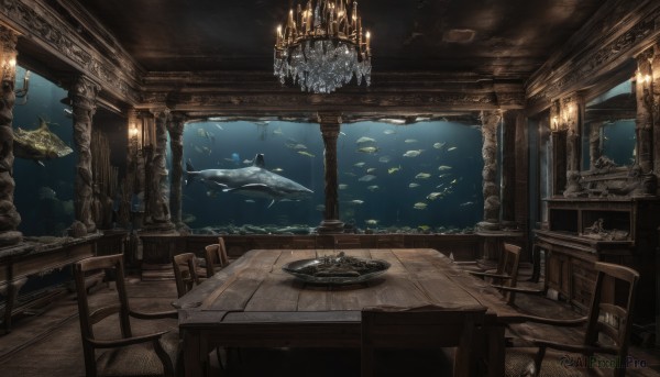 indoors,cup,no humans,animal,chair,table,scenery,fish,wooden floor,underwater,fantasy,lamp,candle,watercraft,ceiling,shark,whale,candlestand,ceiling light,chandelier,water,pillar,wooden chair