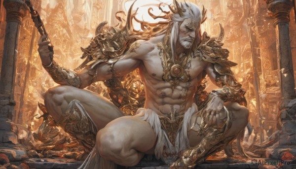 solo,long hair,1boy,navel,holding,jewelry,sitting,closed mouth,nipples,full body,weapon,white hair,male focus,thighs,outdoors,multiple boys,solo focus,sword,necklace,stomach,holding weapon,armor,looking to the side,tattoo,muscular,facial hair,chain,thick thighs,abs,helmet,pectorals,muscular male,shoulder armor,gauntlets,building,revealing clothes,bara,pelvic curtain,beard,large pectorals,veins,pauldrons,topless male,mature male,mustache,vambraces,bracer,one knee,manly,greaves,architecture,bare pectorals,ruins,shoulder pads,old,planted,old man,loincloth,pillar,biceps,navel hair,throne,statue,crowd,thick arms,column,leg armor,army,looking at viewer,horns,bracelet,squatting,bulge,realistic,gold