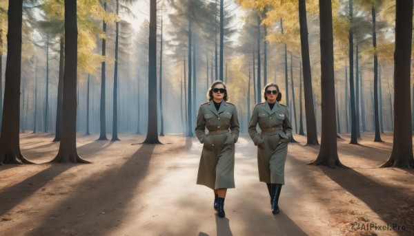 long hair,looking at viewer,smile,short hair,multiple girls,brown hair,black hair,2girls,closed mouth,standing,boots,outdoors,day,belt,pants,black footwear,uniform,black eyes,tree,coat,military,military uniform,buttons,shadow,sunlight,nature,forest,walking,hands in pockets,double-breasted,road,1girl,gloves,1boy,multiple boys,2boys,facial hair,sunglasses,science fiction,realistic,long coat,trench coat