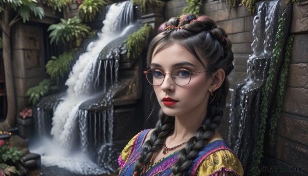 1girl,solo,long hair,looking at viewer,blue eyes,black hair,hair ornament,jewelry,upper body,braid,flower,earrings,outdoors,parted lips,glasses,day,water,necklace,twin braids,lips,eyelashes,makeup,plant,lipstick,hair over shoulder,realistic,nose,round eyewear,red lips,potted plant,wall,brick wall,rimless eyewear,pillar,waterfall,moss,traditional clothes,fountain,multiple braids,ivy,bangs,blurry,portrait,eyeshadow,red-framed eyewear,mascara