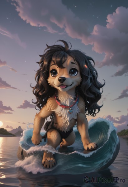 solo,long hair,smile,open mouth,blue eyes,brown hair,black hair,jewelry,tail,full body,heart,outdoors,sky,cloud,water,necklace,black eyes,collar,no humans,ocean,messy hair,star (sky),furry,starry sky,innertube,sunset,dog,sun,horizon,waves,sunrise,1girl,looking at viewer,tongue,night,animal,watermark,cloudy sky,night sky,web address,reflection,twilight