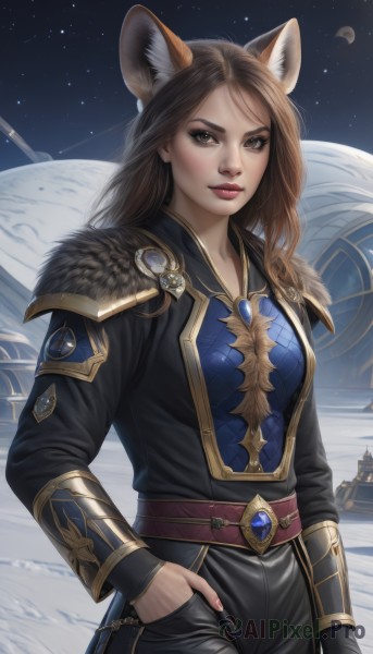 1girl,solo,long hair,breasts,looking at viewer,brown hair,gloves,long sleeves,animal ears,brown eyes,jewelry,standing,cowboy shot,earrings,outdoors,sky,belt,pants,nail polish,armor,lips,animal ear fluff,fur trim,fox ears,makeup,night,black pants,moon,gem,star (sky),night sky,starry sky,hand in pocket,red lips,space,planet,bangs,medium breasts,closed mouth,artist name,parted bangs,extra ears,freckles,realistic