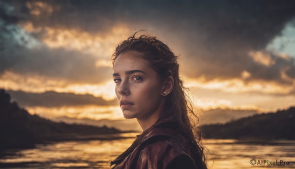 1girl,solo,long hair,looking at viewer,brown hair,black hair,jewelry,closed mouth,upper body,earrings,outdoors,sky,cloud,dark skin,water,blurry,black eyes,from side,dark-skinned female,lips,depth of field,blurry background,ocean,cloudy sky,portrait,freckles,sunset,realistic,nose,brown eyes,sunlight,backlighting,lake