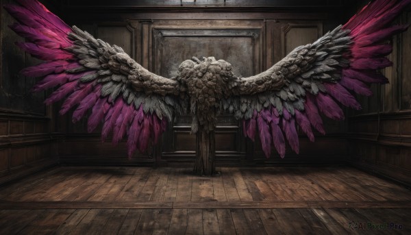 solo,standing,wings,indoors,no humans,window,scenery,feathered wings,wooden floor,fantasy,door,statue,multiple wings,spread wings,shadow,skull,angel wings,wooden wall,wooden chair