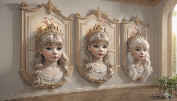 1girl,solo,long hair,looking at viewer,bangs,blue eyes,blonde hair,jewelry,closed mouth,flower,white hair,earrings,lips,window,bird,tiara,crown,plant,portrait,reflection,mirror,realistic,potted plant,portrait (object),blush,indoors,necklace,multiple views,sunlight,vase,painting (object)