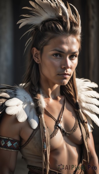 1girl,solo,long hair,breasts,looking at viewer,brown hair,hair ornament,brown eyes,jewelry,medium breasts,closed mouth,upper body,braid,earrings,small breasts,open clothes,belt,necklace,blurry,black eyes,vest,lips,no bra,blurry background,feathers,armlet,freckles,realistic,nose,feather hair ornament,tribal,native american,tooth necklace,twin braids,scar,sunlight,bodypaint