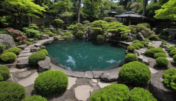 outdoors,day,water,tree,no humans,grass,building,nature,scenery,forest,rock,road,bush,bridge,river,moss,pond,real world location,plant,architecture,house,east asian architecture,stone,stream