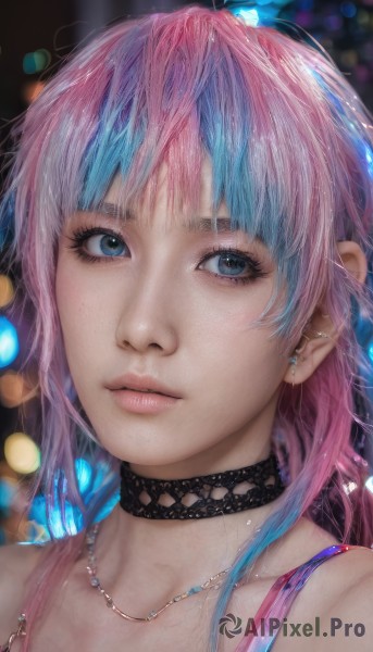 1girl,solo,long hair,looking at viewer,bangs,blue eyes,bare shoulders,jewelry,closed mouth,blue hair,collarbone,upper body,pink hair,multicolored hair,earrings,choker,necklace,blurry,two-tone hair,lips,looking to the side,eyelashes,gradient hair,depth of field,blurry background,black choker,looking away,piercing,ear piercing,portrait,close-up,freckles,pink lips,realistic,nose,stud earrings,bokeh,sidelocks,parted lips,artist name,streaked hair,wet,makeup,lens flare,water drop