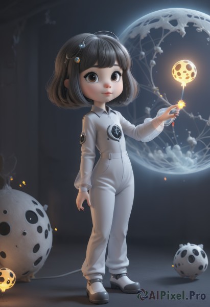 1girl,solo,looking at viewer,smile,short hair,bangs,brown hair,black hair,hair ornament,long sleeves,holding,brown eyes,closed mouth,standing,full body,shoes,blunt bangs,black eyes,lips,moon,white footwear,bob cut,child,science fiction,wand,female child,space,planet,earth (planet),spacecraft,spacesuit,astronaut,see-through,orb,jumpsuit