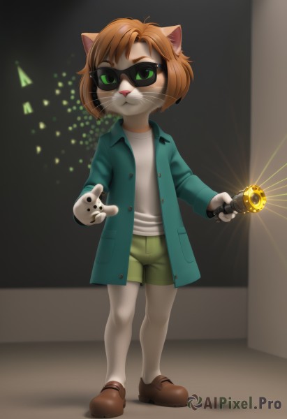 1girl,solo,looking at viewer,smile,short hair,bangs,brown hair,shirt,long sleeves,holding,animal ears,closed mouth,green eyes,standing,jacket,full body,white shirt,weapon,open clothes,shoes,shorts,artist name,cat ears,signature,orange hair,coat,buttons,watermark,brown footwear,cat,sunglasses,blue jacket,child,furry,white pantyhose,furry female,wand,female child,green shorts,animal nose,whiskers,deviantart username,1boy,pantyhose,holding weapon,open jacket,gun,robot,holding gun,furry male