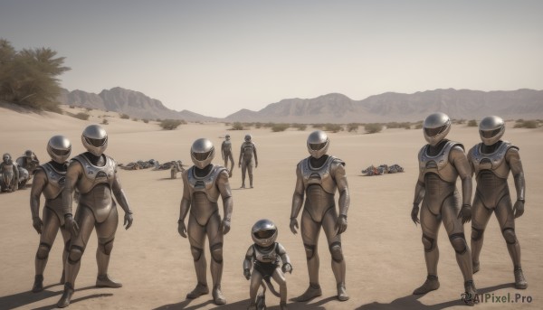 standing,weapon,male focus,outdoors,multiple boys,armor,uniform,tree,gun,military,bodysuit,military uniform,helmet,rifle,walking,science fiction,6+boys,mountain,realistic,soldier,beach,scenery,aircraft,sand,pilot suit,alien,spacesuit,desert,pilot