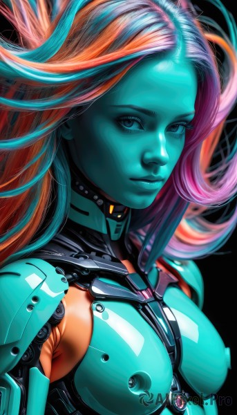 1girl,solo,long hair,breasts,looking at viewer,blue eyes,medium breasts,nipples,upper body,pink hair,multicolored hair,small breasts,orange hair,two-tone hair,lips,bodysuit,makeup,colored skin,black background,science fiction,realistic,nose,blue skin,cyborg,breastless clothes,simple background,closed mouth,red hair,armor,covered nipples,floating hair,expressionless,skin tight