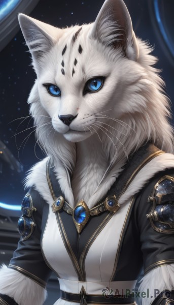 1girl,solo,breasts,looking at viewer,blue eyes,animal ears,jewelry,closed mouth,upper body,white hair,belt,artist name,cat ears,signature,armor,fur trim,animal,slit pupils,brooch,gem,furry,colored sclera,furry female,space,white fur,whiskers,black fur,fluffy,blue sclera,long hair,animal ear fluff,star (sky),fur collar