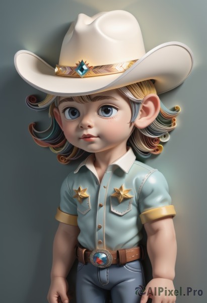 solo,looking at viewer,short hair,blue eyes,blonde hair,shirt,1boy,hat,closed mouth,standing,short sleeves,male focus,multicolored hair,cowboy shot,collared shirt,belt,pants,medium hair,star (symbol),black eyes,blue shirt,denim,child,freckles,curly hair,pocket,jeans,realistic,blue pants,female child,brown belt,male child,cowboy hat,simple background,brown hair,two-tone hair,lips,nose,badge,cowboy western