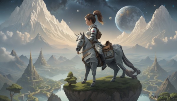 1girl,solo,long hair,brown hair,gloves,standing,ponytail,boots,outdoors,sky,cloud,water,bag,armor,from side,tree,profile,night,animal,moon,backpack,high ponytail,star (sky),night sky,scenery,full moon,starry sky,mountain,fantasy,riding,wide shot,planet,horse,castle,landscape,cliff,horseback riding,reins,floating island,saddle,full body,closed eyes,cloudy sky,breastplate,plate armor