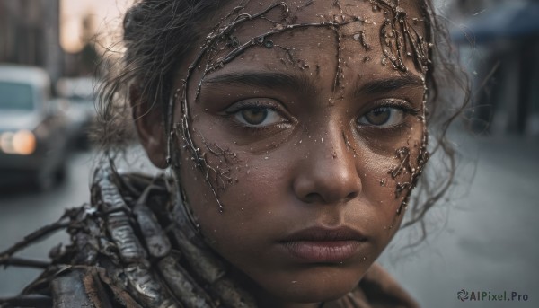 1girl,solo,looking at viewer,short hair,brown hair,black hair,brown eyes,closed mouth,outdoors,parted lips,dark skin,scarf,blurry,dark-skinned female,lips,eyelashes,depth of field,blurry background,ground vehicle,portrait,motor vehicle,close-up,freckles,science fiction,realistic,nose,car,jewelry,earrings