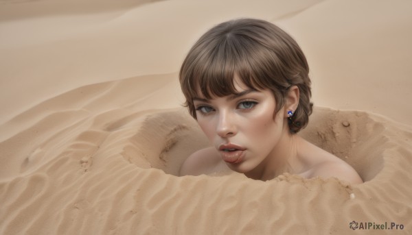 1girl,solo,looking at viewer,short hair,bangs,blue eyes,brown hair,jewelry,nude,earrings,parted lips,water,mole,lips,grey eyes,mole under eye,partially submerged,realistic,nose,bathing,bath,bathtub,teeth,eyelashes,portrait,brown background,sand,sepia,brown theme,desert