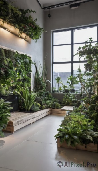 outdoors,sky,day,indoors,tree,no humans,window,shadow,sunlight,plant,scenery,couch,potted plant,wall,leaf