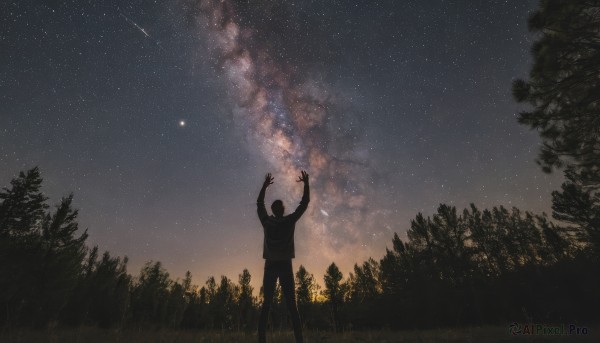 solo,1boy,outdoors,sky,cloud,arms up,tree,no humans,night,grass,star (sky),nature,night sky,scenery,forest,starry sky,silhouette,shooting star,deer,milky way,shirt,black hair,long sleeves,standing,male focus,pants,star (symbol),black pants,outstretched arms,looking up,dark