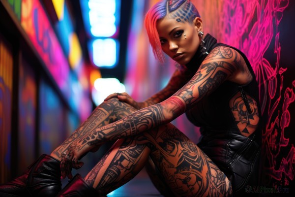 1girl,solo,breasts,looking at viewer,short hair,skirt,bare shoulders,jewelry,sitting,blue hair,pink hair,multicolored hair,earrings,boots,shorts,sleeveless,dark skin,black footwear,mole,from side,two-tone hair,sweater,dark-skinned female,lips,mole under eye,tattoo,makeup,piercing,ring,ear piercing,nose,against wall,arm tattoo,shoulder tattoo,undercut,facial tattoo,leg tattoo,cyberpunk,neck tattoo,graffiti,neon lights,full-body tattoo,purple hair,shoes,collar,tank top,cross,sneakers,asymmetrical hair,realistic,very short hair,mohawk,eyebrow piercing