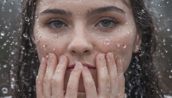 1girl, solo, long hair, looking at viewer, brown hair, brown eyes, lips, fingernails, eyelashes, thick eyebrows, portrait, close-up, bubble, water drop, underwater, realistic, nose, air bubble