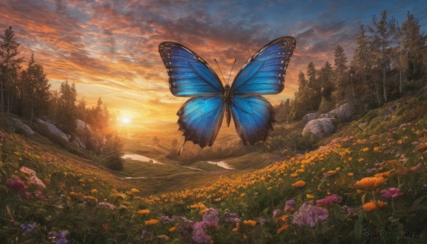 A tranquil view of a butterfly in sunset outdoors