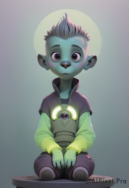 solo,looking at viewer,smile,1boy,animal ears,brown eyes,sitting,male focus,pointy ears,colored skin,child,furry,seiza,furry male,male child,green skin,mohawk,simple background,jacket,black eyes,vest,blue skin,grey skin,cyberpunk,hands on lap