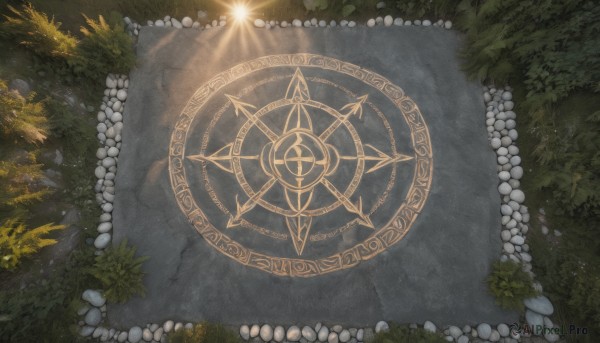 outdoors,tree,no humans,leaf,from above,sunlight,grass,plant,nature,scenery,forest,light rays,rock,fantasy,magic circle,water,light,pentagram,hexagram