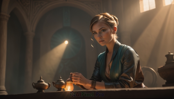 1girl,solo,breasts,looking at viewer,short hair,brown hair,cleavage,brown eyes,jewelry,medium breasts,sitting,closed mouth,upper body,braid,earrings,indoors,necklace,hair bun,bracelet,cup,lips,window,chair,table,sunlight,single hair bun,backlighting,teacup,light rays,nose,light,candle,teapot,sunbeam,updo,holding,parted lips,realistic