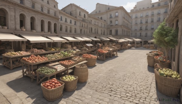 outdoors,food,sky,day,tree,no humans,window,fruit,shadow,table,building,scenery,city,basket,road,house,bread,street,meat,vegetable,town,pavement,corn,cloud,blue sky,bowl,apple,mushroom,tomato,barrel,potato