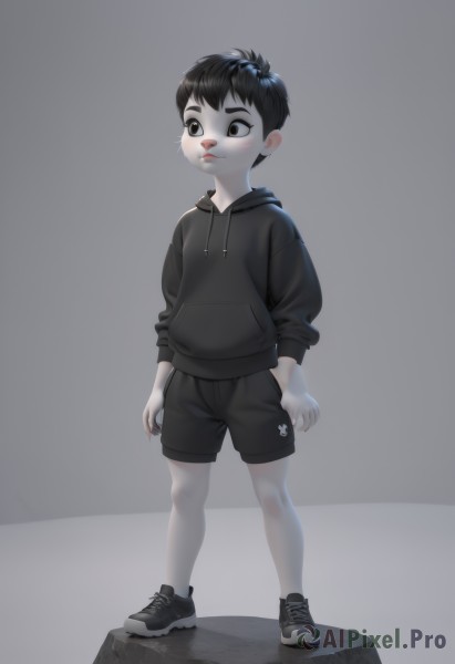 solo,short hair,simple background,black hair,long sleeves,1boy,closed mouth,standing,full body,male focus,shoes,shorts,hood,grey background,black footwear,black eyes,hoodie,black shorts,hood down,sneakers,child,furry,rock,arms at sides,drawstring,furry male,male child,black hoodie,white background