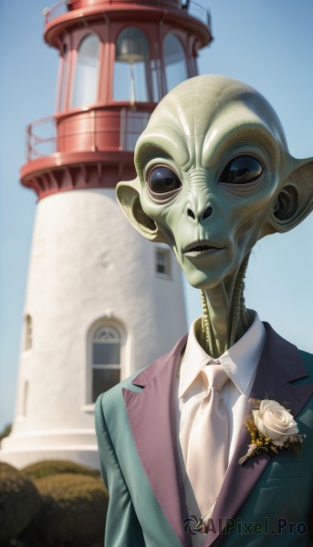 solo,looking at viewer,shirt,1boy,jacket,white shirt,upper body,flower,male focus,outdoors,necktie,sky,teeth,day,collared shirt,blue sky,no humans,rose,colored skin,formal,suit,white flower,building,monster,realistic,white rose,statue,alien,blurry,black eyes