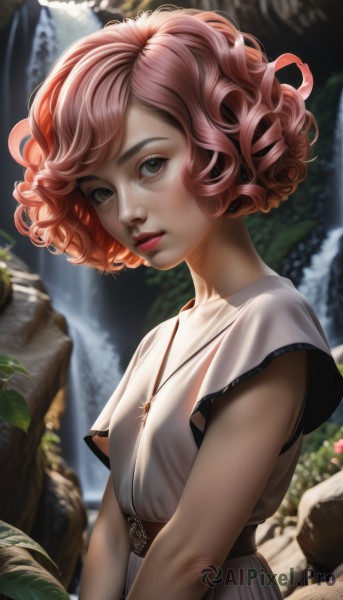 1girl,solo,breasts,looking at viewer,short hair,bangs,dress,brown eyes,jewelry,upper body,pink hair,short sleeves,red hair,small breasts,outdoors,parted lips,day,artist name,water,necklace,white dress,blurry,dark-skinned female,lips,blurry background,leaf,plant,freckles,curly hair,realistic,nose,waterfall,nature