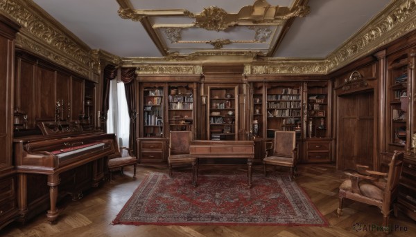 indoors,book,no humans,window,chair,table,sunlight,bottle,curtains,scenery,wooden floor,bookshelf,lamp,candle,shelf,painting (object),carpet,candlestand,rug,cabinet,chandelier,treasure chest,fireplace