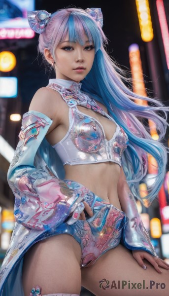 1girl,solo,long hair,breasts,looking at viewer,bangs,blue eyes,thighhighs,gloves,navel,cleavage,bare shoulders,jewelry,medium breasts,underwear,blue hair,panties,pink hair,multicolored hair,cowboy shot,parted lips,detached sleeves,midriff,hair bun,nail polish,bra,blurry,two-tone hair,lips,clothing cutout,double bun,thigh strap,blurry background,piercing,cleavage cutout,blue nails,realistic,skirt,purple hair,earrings,small breasts,clothes lift,skirt lift,navel piercing