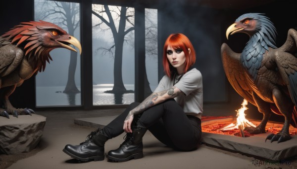 1girl,short hair,shirt,jewelry,sitting,closed mouth,full body,white shirt,short sleeves,red hair,boots,outdoors,pants,medium hair,black footwear,orange hair,tree,lips,orange eyes,tattoo,makeup,shadow,bird,animal,black pants,t-shirt,knees up,cross-laced footwear,colored sclera,rock,arm tattoo,bare tree,solo,looking at viewer,bangs,shoes,artist name,black eyes,from side,night,glowing,fire,denim,lipstick,nature,forest,jeans,nose,red lips,ankle boots,on ground