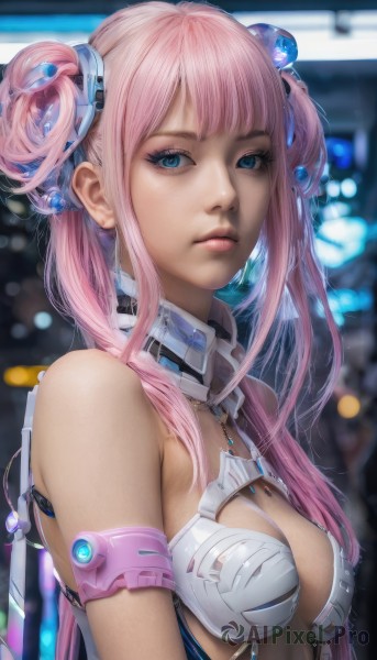 1girl,solo,long hair,breasts,looking at viewer,bangs,blue eyes,hair ornament,cleavage,bare shoulders,twintails,medium breasts,closed mouth,upper body,pink hair,hair bun,blurry,lips,double bun,blurry background,armlet,science fiction,realistic,nose,jewelry,sidelocks,signature