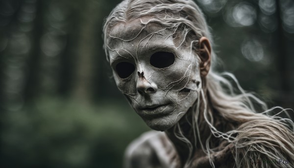 solo,long hair,looking at viewer,smile,1boy,closed mouth,white hair,male focus,blurry,mask,depth of field,blurry background,portrait,realistic,1girl,teeth,skull,skeleton,horror (theme)