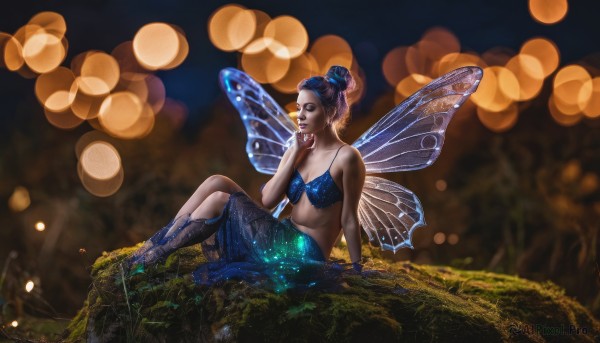 1girl,solo,breasts,skirt,black hair,navel,cleavage,bare shoulders,jewelry,medium breasts,sitting,blue hair,swimsuit,closed eyes,bikini,multicolored hair,wings,barefoot,midriff,hair bun,blurry,two-tone hair,makeup,depth of field,blurry background,arm support,single hair bun,bug,bikini top only,blue bikini,realistic,fairy wings,fairy,bokeh,butterfly wings,short hair,hair ornament,underwear,collarbone,full body,small breasts,artist name,bra,bracelet,blue skirt,watermark,grass,long skirt,blue bra