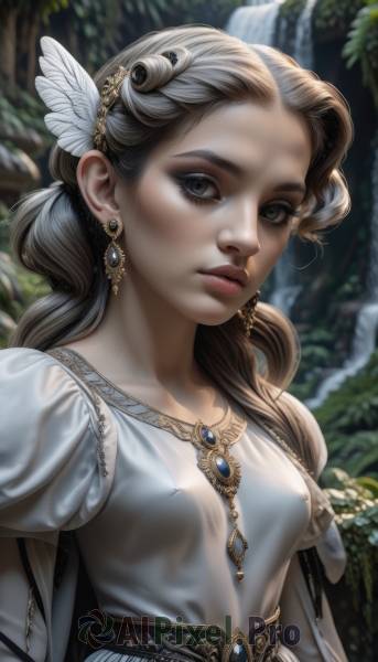 1girl,solo,long hair,breasts,looking at viewer,brown hair,hair ornament,long sleeves,dress,brown eyes,jewelry,medium breasts,closed mouth,collarbone,upper body,earrings,small breasts,outdoors,puffy sleeves,artist name,water,necklace,white dress,blurry,lips,grey eyes,eyelashes,blurry background,feathers,juliet sleeves,brooch,gem,nature,realistic,nose,feather hair ornament,twintails,braid,parted lips,waterfall