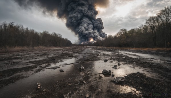 outdoors,sky,cloud,water,tree,military,no humans,cloudy sky,grass,fire,nature,scenery,forest,smoke,rock,explosion,burning,1girl,ground vehicle,motor vehicle,river