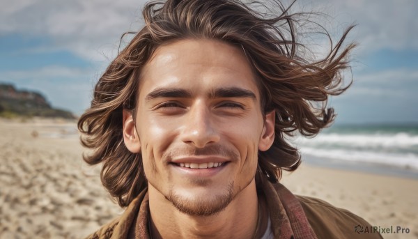 solo,looking at viewer,smile,open mouth,brown hair,1boy,brown eyes,male focus,outdoors,parted lips,sky,teeth,day,cloud,medium hair,blurry,black eyes,blue sky,floating hair,depth of field,blurry background,facial hair,ocean,beach,half-closed eyes,thick eyebrows,wind,messy hair,portrait,beard,brown jacket,realistic,mustache,sand,stubble,shirt,jacket,grin,lips,cloudy sky,forehead