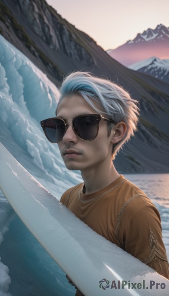 solo,looking at viewer,short hair,shirt,1boy,jewelry,closed mouth,upper body,white hair,grey hair,male focus,outdoors,necklace,lips,sunglasses,mountain,realistic,aviator sunglasses,blue hair,sky,facial hair,beard,stubble