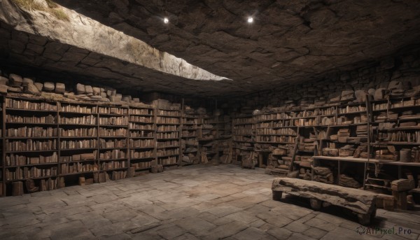 monochrome,indoors,book,no humans,chair,scenery,stairs,bookshelf,light,shelf,library,ceiling,ladder,voile,table,star (sky),fantasy,lamp,globe