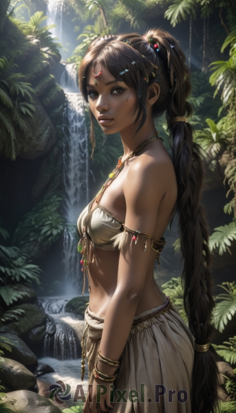 1girl,solo,long hair,breasts,looking at viewer,bangs,skirt,brown hair,black hair,hair ornament,navel,bare shoulders,brown eyes,jewelry,medium breasts,very long hair,standing,ponytail,braid,cowboy shot,small breasts,outdoors,parted lips,day,midriff,dark skin,water,necklace,bracelet,from side,dark-skinned female,tree,lips,single braid,sunlight,plant,gem,nature,armlet,forest,circlet,rock,realistic,nose,facepaint,dappled sunlight,river,waterfall,multi-tied hair,tribal,swimsuit,bikini,earrings,artist name,facial mark,piercing,bikini top only,freckles,braided ponytail,forehead mark,forehead jewel