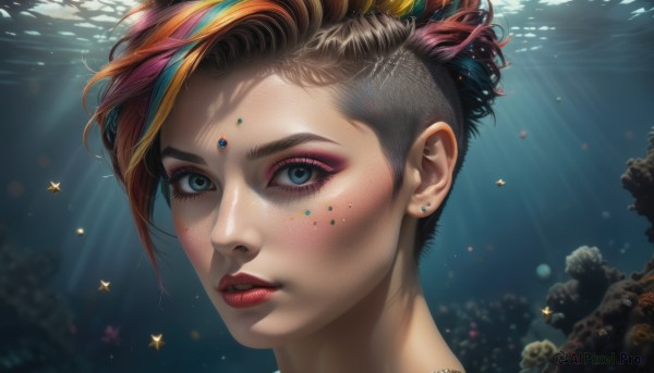 1girl,solo,looking at viewer,short hair,blue eyes,blonde hair,brown hair,jewelry,pink hair,multicolored hair,earrings,parted lips,artist name,signature,water,necklace,star (symbol),lips,streaked hair,eyelashes,makeup,watermark,piercing,sunlight,lipstick,ear piercing,portrait,web address,eyeshadow,freckles,bubble,light rays,underwater,realistic,nose,red lips,stud earrings,eyeliner,air bubble,mascara,blush,sparkle,facial mark,forehead jewel