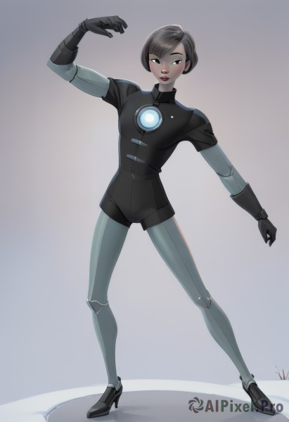 1girl,solo,looking at viewer,short hair,bangs,simple background,brown hair,black hair,gloves,standing,full body,shorts,black gloves,dark skin,grey background,black eyes,high heels,dark-skinned female,lips,bodysuit,makeup,swept bangs,glowing,lipstick,science fiction,legs apart,contrapposto,very short hair,cyborg,breasts,blush,white background,arm up,grey eyes,eyeshadow,joints,robot joints