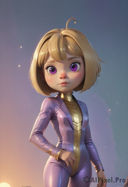 1girl,solo,breasts,looking at viewer,blush,short hair,bangs,blonde hair,jewelry,closed mouth,standing,purple eyes,ahoge,cowboy shot,small breasts,outdoors,sky,shiny,artist name,shiny hair,bracelet,lips,bodysuit,watermark,bob cut,skin tight,web address,shiny clothes,sunset,sun,purple bodysuit,signature,loli