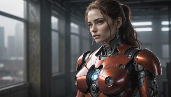 1girl,solo,long hair,breasts,blue eyes,brown hair,brown eyes,medium breasts,upper body,ponytail,indoors,armor,blurry,lips,window,bodysuit,blurry background,science fiction,realistic,power armor,power suit,glowing,rain,nose,android,cyborg,cyberpunk